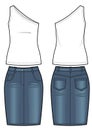 Women`s clothing set of top and jeans midi skirt. Vector templates in front, back views for fashion design