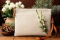 Women\'s clutch bag in white with a red handle and flowers on the table Royalty Free Stock Photo