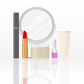 Women`s cosmetics. a set of female cosmetics. Mirror, lipstick, face cream, mascara. Royalty Free Stock Photo