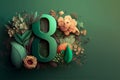 Women\'s day celebration background, 8 march, number on green decorated with flowers and plants leaves, copy space