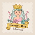 Women\'s Day Celebration Greeting Card With Princess Girl Character, Venus Symbols On Floral Beige Royalty Free Stock Photo