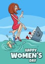 Women\'s Day design with cartoon woman and sinking ship