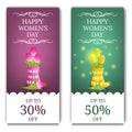 Womens Day Discount Banners with Pink and Yellow Tulips in Vase. Bouquet of Colorful Tulips. Vector illustration for Your Design. Royalty Free Stock Photo