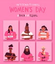 Women`s day each for equal diverse woman card set
