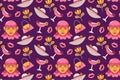 Women\'s day. Faces, cakes, drinks, lipsticks, high heels, gifts and flowers seamless pattern icons