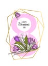 Women`s Day frame with golden geometric diamond Shapes and hand drawn flowers - lilies of the valley, tulip, willow, crocus - Royalty Free Stock Photo