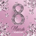 Women`s day greeting card with floral and butterfly paper cut design and pink ornament background Royalty Free Stock Photo