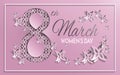 Women`s day greeting card with floral and butterfly paper cut design and pink ornament background Royalty Free Stock Photo