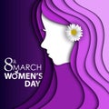 Women's Day greeting card with flower in ear on purple background with design of a women face and text 8th March Women Day Royalty Free Stock Photo