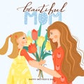 Happy motherÃ¢â¬â¢s day greeting card. Cute girl giving to his mother bouquet of tulips. Royalty Free Stock Photo