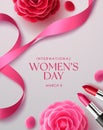 Women`s day international vector background design. March 8 women`s day text with camellia flower and lipstick elements