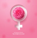 Women`s day international vector design. March 8 women`s day greeting text with female symbol and camellia flower elements