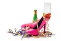 Women's day, ladies pink high heels shoes, champagne and streame Royalty Free Stock Photo