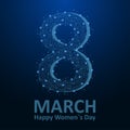 Women`s Day low poly card, 8 March illustration made by points and lines, polygonal wireframe mesh on night sky. Vector.