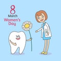 Women`s Day March 8. Cartoon tooth holding a flower daisy and gives it to woman.