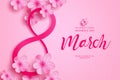 Women`s day march 8 vector background design. Happy women`s day text with cherry blossom flower elements Royalty Free Stock Photo