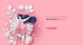 Women`s day pink papercut floral girl web template