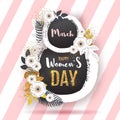 Women`s day poster with full blossom flowers and golden leaves. 8 of march. Spring flowers background Royalty Free Stock Photo