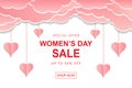 Women`s day promotion banner with pink clouds and hearts on white background Royalty Free Stock Photo