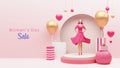 Women`s Day Sale Banner Design With 3D Render, Modern Young Girl Standing On Decorative