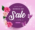 Women\'s day sale vector banner design. International women\'s day special offer text with flowers and butterfly