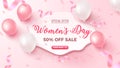 Women`s Day Special Offer. 50 percent Off Sale banner design with frame, pink and white air balloons on rosy background