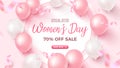 Women`s Day Special Offer. 70 percent Off Sale banner design with frame, pink and white air balloons on rosy background