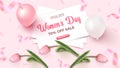 Women`s Day Special Offer. 70 percent Off Sale banner design with white sheets, pink and white air balloons, tulips