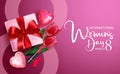 Women`s day vector design. International womens day greeting text with gift, tulips and lipstick elements for march 8 female.