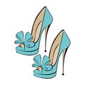 Women`s fashionable blue high-heeled shoes with a bow. Shoes with an open toe. Design suitable for icons, shoe stores