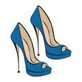 Women`s fashionable blue high-heeled shoes. Shoes with an open toe. Design suitable for icons, shoe stores