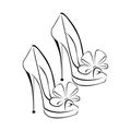 Women`s fashionable decorative high-heeled shoes with a bow. Open socks. Sketch design is suitable for icons, shoe stores