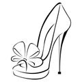 Women`s fashionable decorative high-heeled shoes with a bow. Shoes with an open toe. Sketch design is suitable for icons