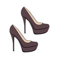 Women`s fashionable decorative high-heeled shoes in dark brown. Sketch design is suitable for icons