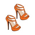 Women`s fashionable orange high-heeled sandals and a platform. Open shoes. Design is suitable for icons