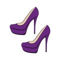 Women`s fashionable purple decorative high-heeled shoes. Sketch design is suitable for icons