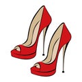 Women`s fashionable red high-heeled shoes. Shoes with an open toe. Design suitable for icons, shoe stores, exhibitions