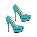 Women`s fashionable turquoise decorative high-heeled shoes. Sketch design is suitable for icons