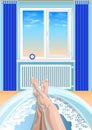 Women`s feet, legs in the bathtub, bathroom.