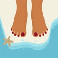Women`s feet with painted nails on the sand by the sea. Vector illustration