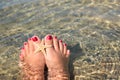 Women`s feet with a pedicure, which are immersed in the water on the beach. There is a starfish and a shell on the big toes Royalty Free Stock Photo