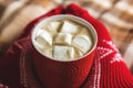 Women`s feet in red knitted socks are holding cup of hot coffee, chocolate, cocoa with marshmallow on plaid. Concept winter comfo Royalty Free Stock Photo