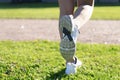 Women`s feet in sneakers. Grass running. On the grass Royalty Free Stock Photo