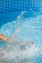 Women`s feet splashing in the pool, water spray