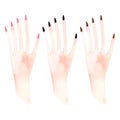 Women\'s feminine hands with black, gold and pink manicure. Clipart. Isolated watercolor