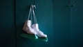 Women`s figure skates hang on the locker door Royalty Free Stock Photo