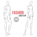 Women`s figure sketch. Different poses. Template for drawing for designers of clothes. Vector outline girl model template for fash Royalty Free Stock Photo