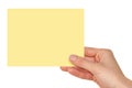 Women`s fingers holding a blank yellow card background. png transparent