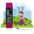 Women`s fitness bracelet or tracker, an athlete running outdoors. Jogging and running infographics