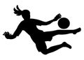 Women's football goalkeeper black silhouette jumping high to catch the ball Royalty Free Stock Photo